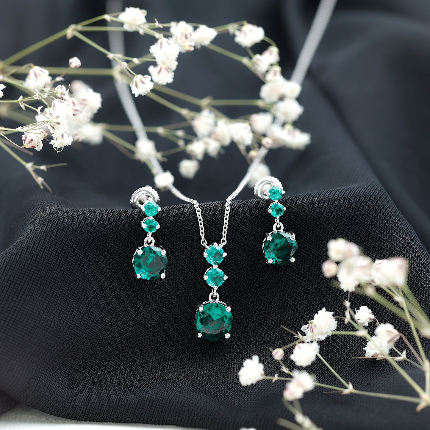 Certified Lab Created Emerald Dangle Necklace Earrings Set