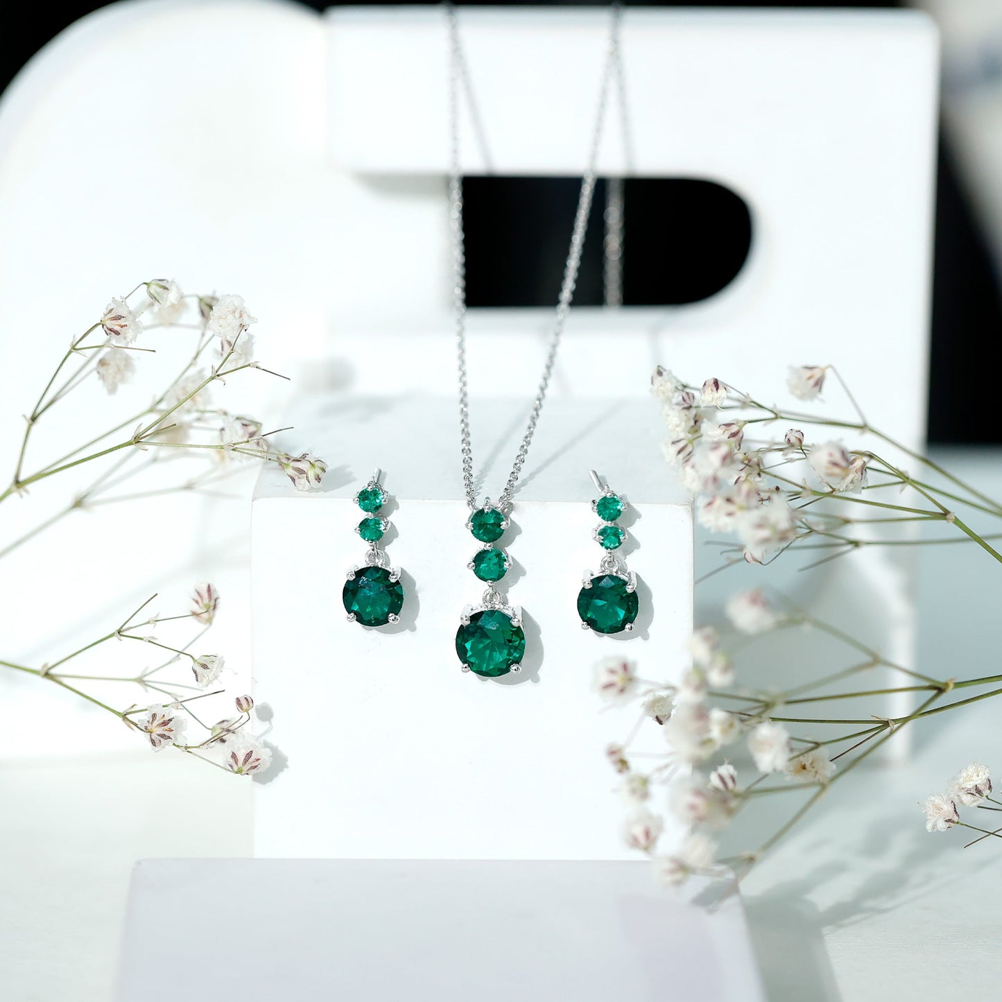 Certified Lab Created Emerald Dangle Necklace Earrings Set