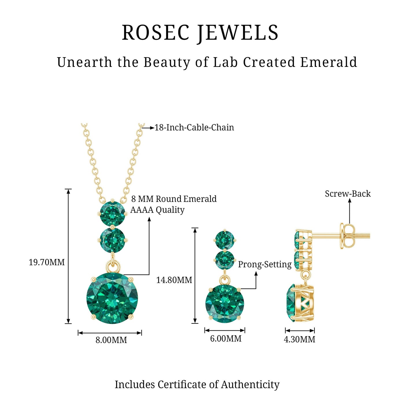 Certified Lab Created Emerald Dangle Necklace Earrings Set