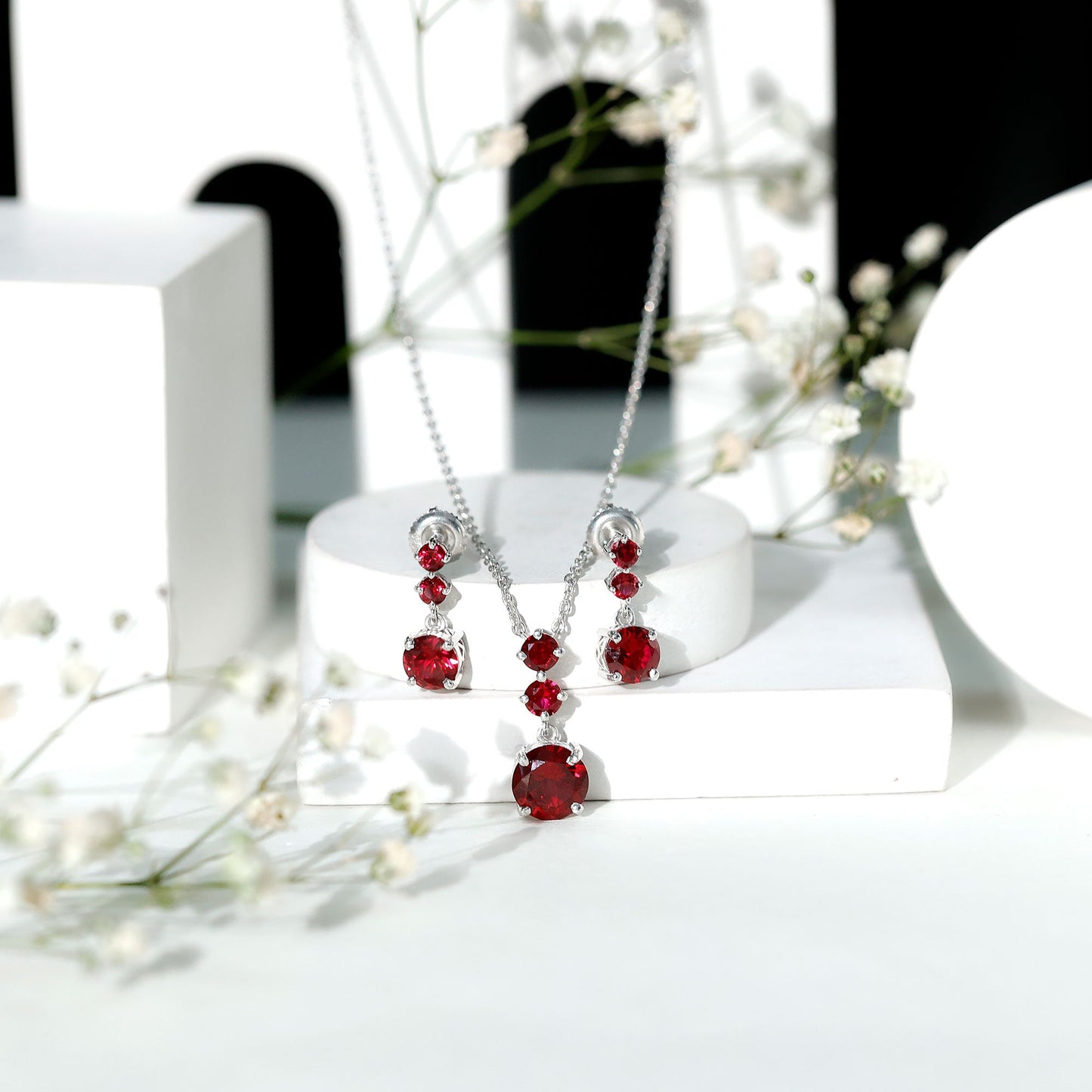 Lab Created Ruby Three Stone Dangle Jewelry Set