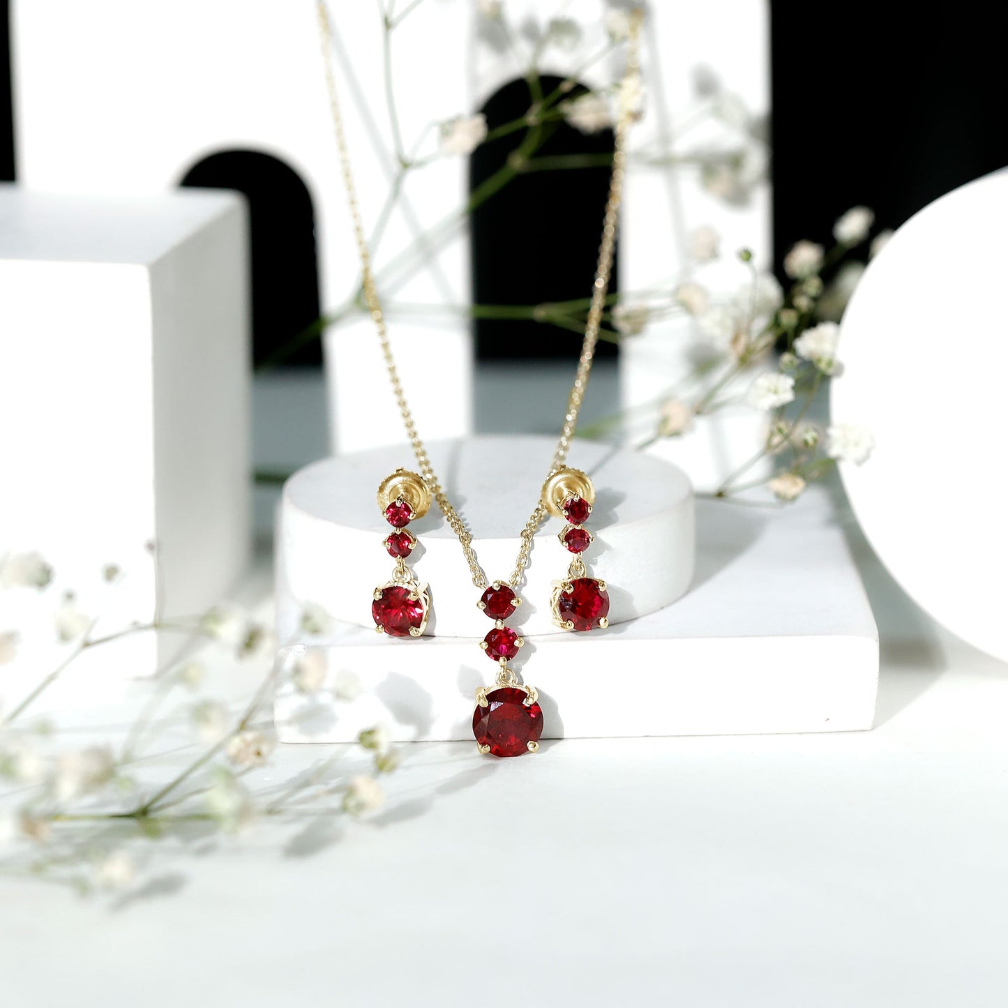 Lab Created Ruby Three Stone Dangle Jewelry Set