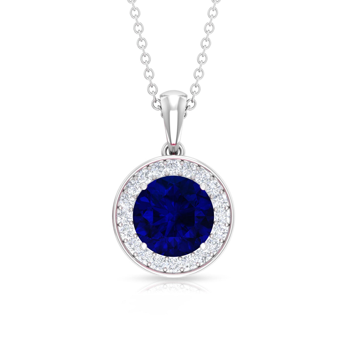 Classic Lab Grown Blue Sapphire and Diamond Halo Bridal Jewelry Set