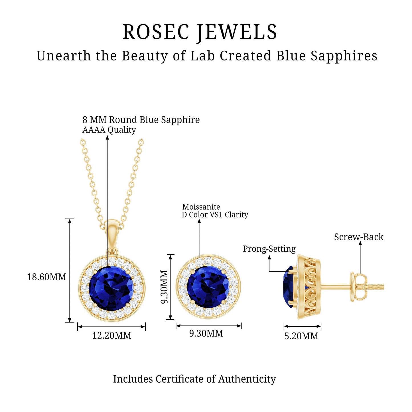 Classic Lab Grown Blue Sapphire and Diamond Halo Bridal Jewelry Set