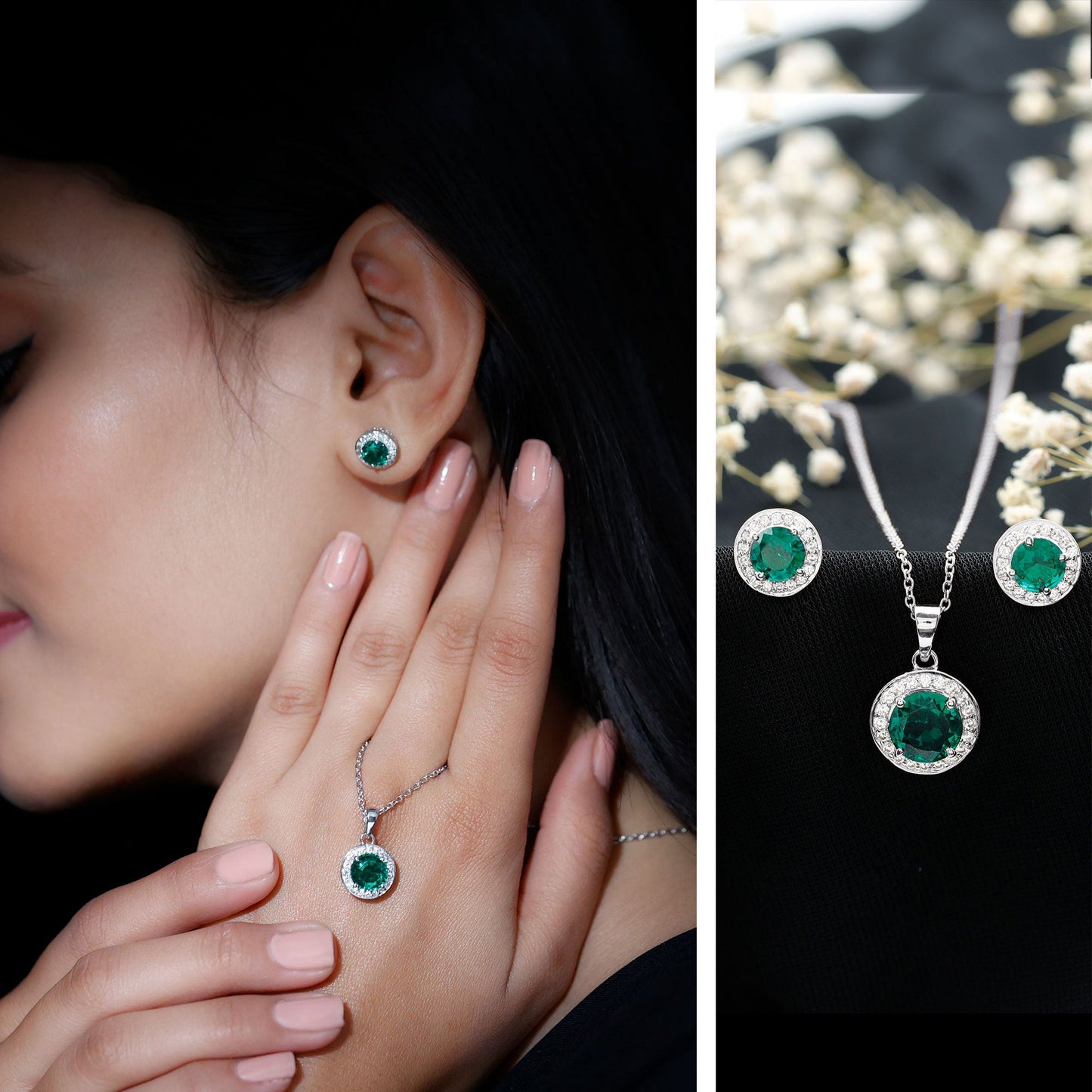 Certified Lab Grown Emerald Moissanite Bridal Jewelry Set