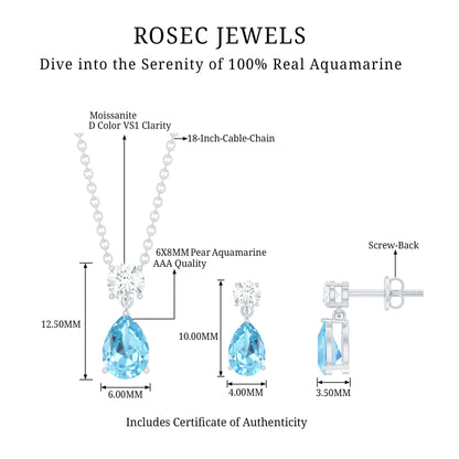 Real Pear Cut Aquamarine Teardrop Jewelry Set with Diamond