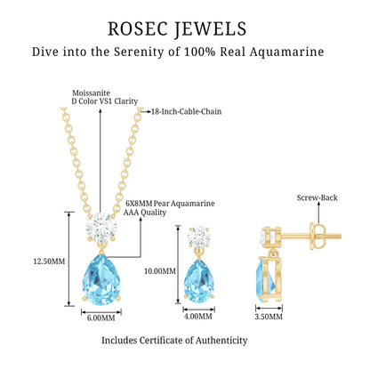 Real Pear Cut Aquamarine Teardrop Jewelry Set with Diamond