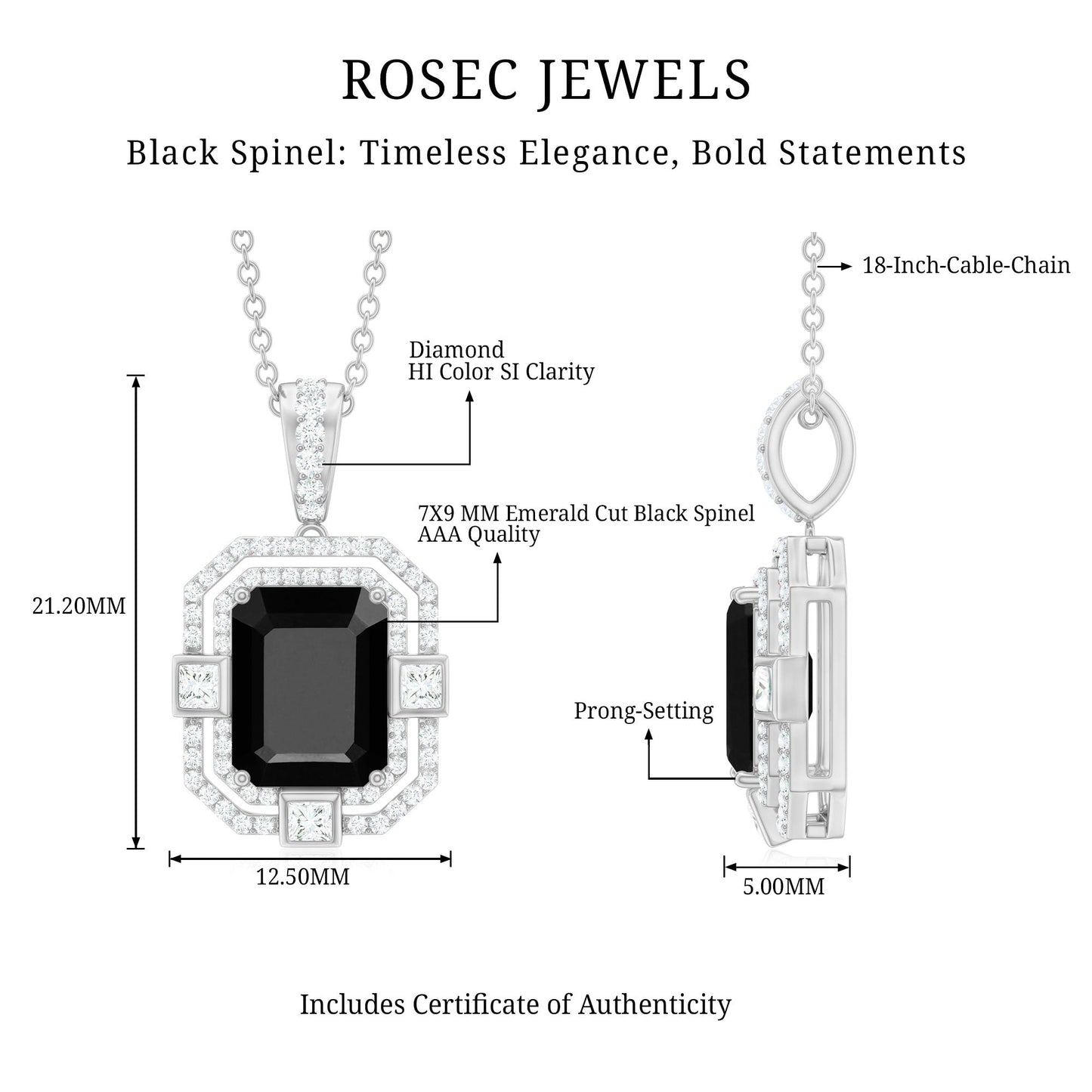 Black Spinel Vintage Inspired Pendant Necklace With Diamond Accent