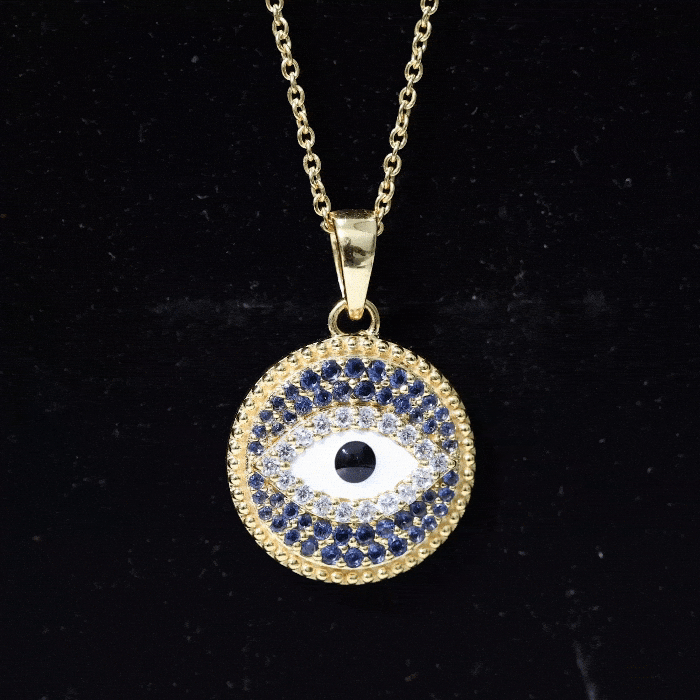 Sterling Silver Evil Eye Necklace with Blue Sapphire and Moissanite