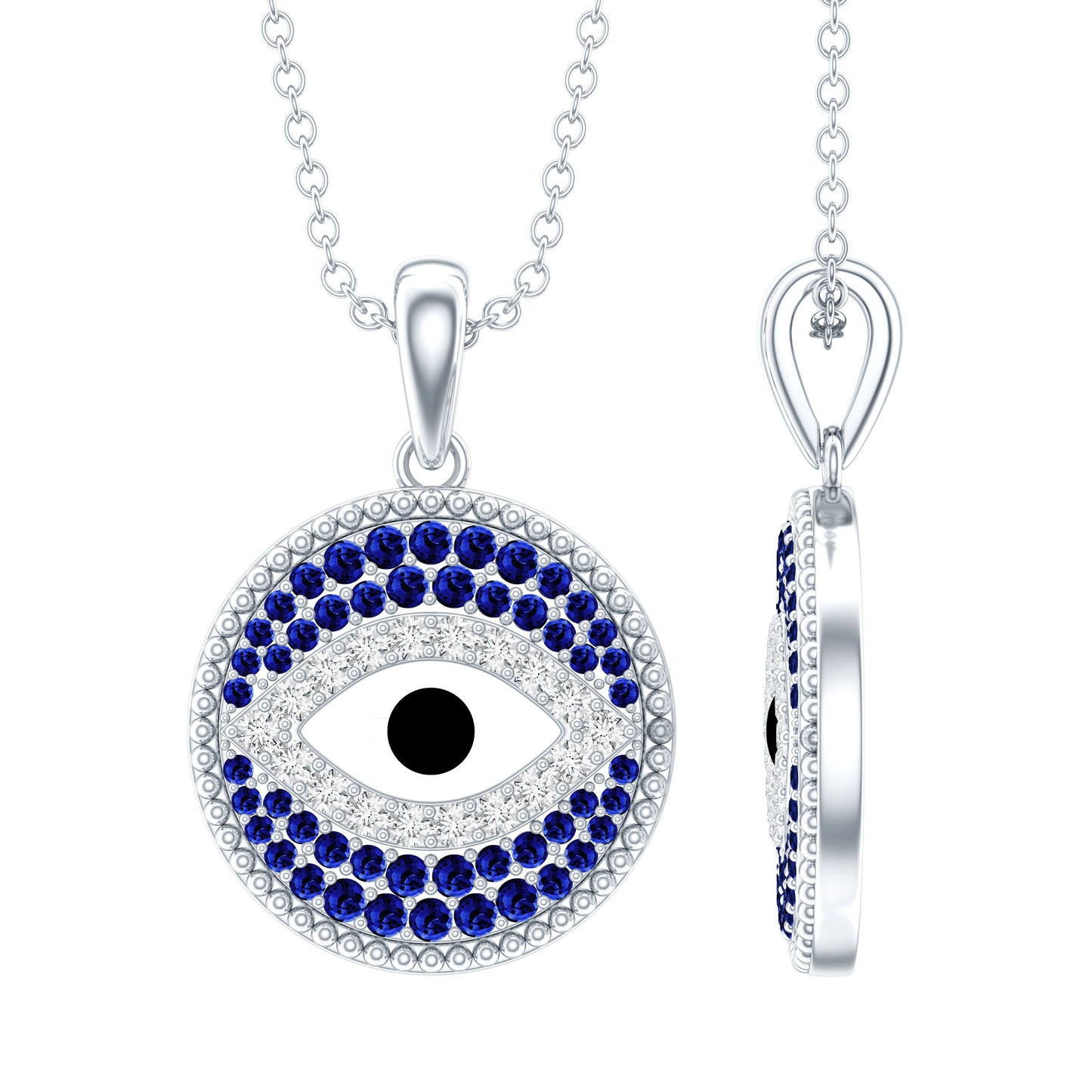 Sterling Silver Evil Eye Necklace with Blue Sapphire and Moissanite