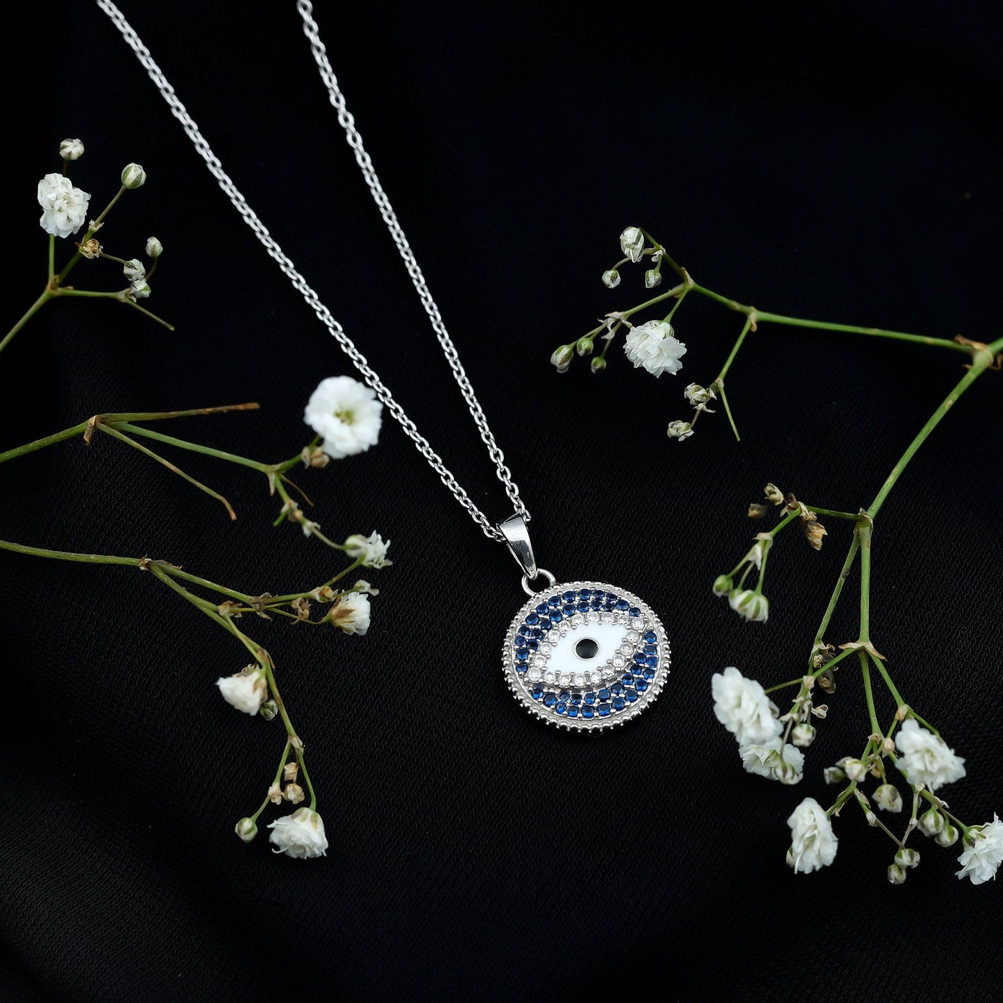 Sterling Silver Evil Eye Necklace with Blue Sapphire and Moissanite