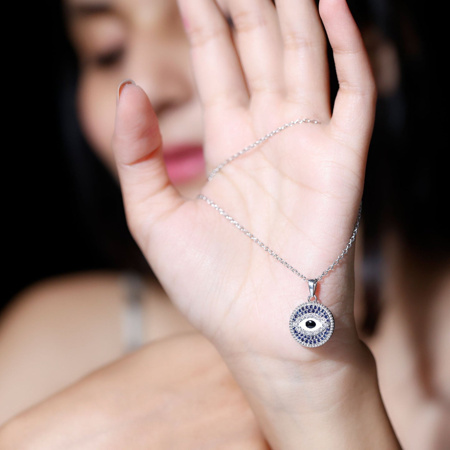 Sterling Silver Evil Eye Necklace with Blue Sapphire and Moissanite