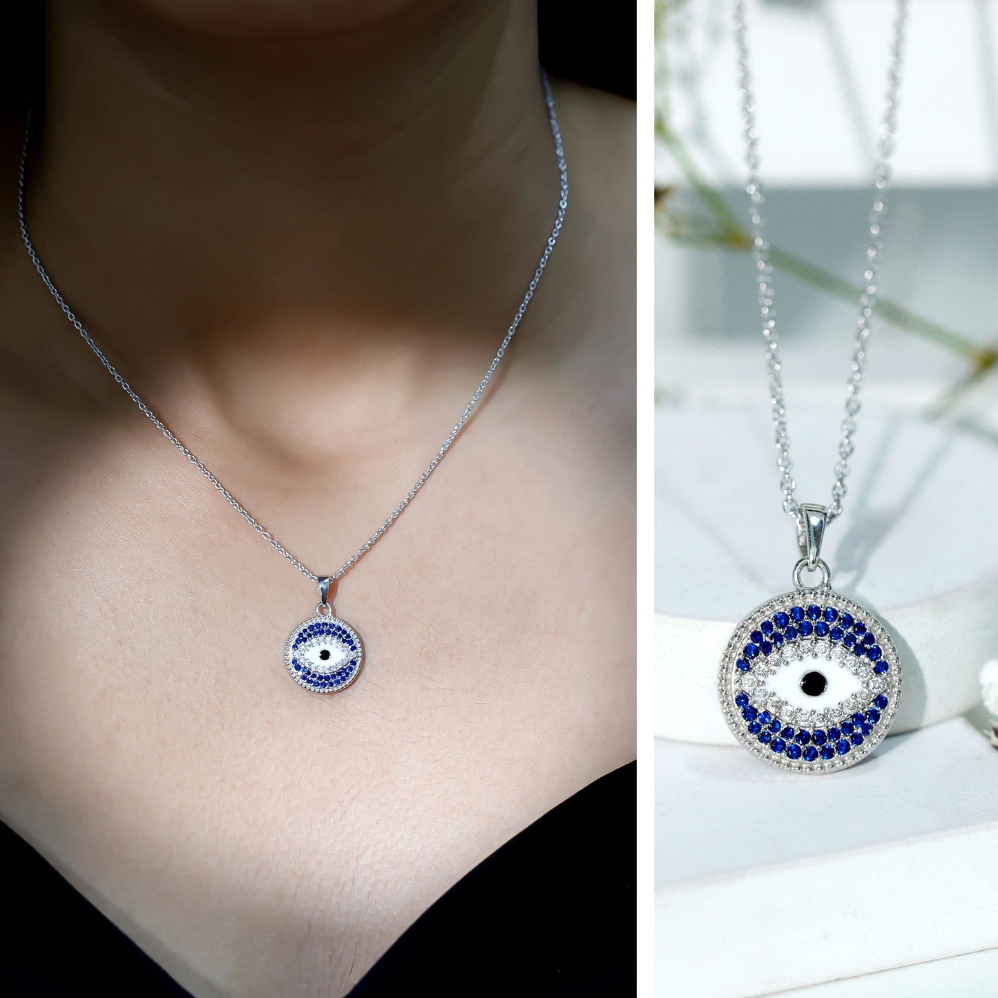 Sterling Silver Evil Eye Necklace with Blue Sapphire and Moissanite