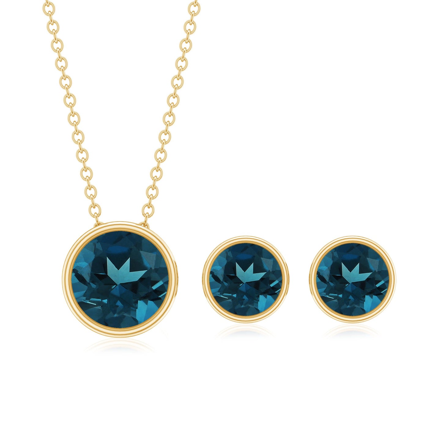Round London Blue Topaz Solitaire Jewelry Set in Bezel Setting