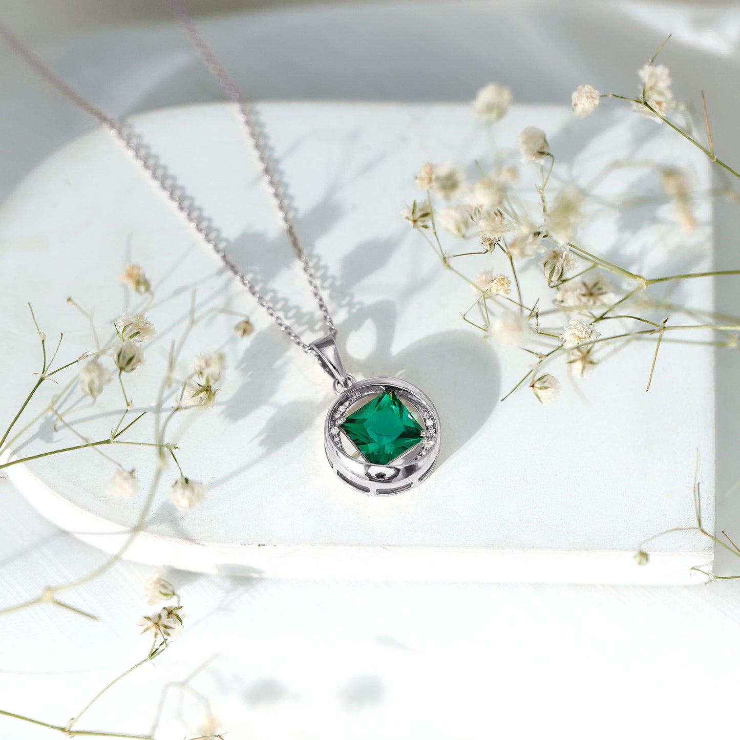 2.4 Carat Lab Created Emerald Princess Cut Pendant with Diamond