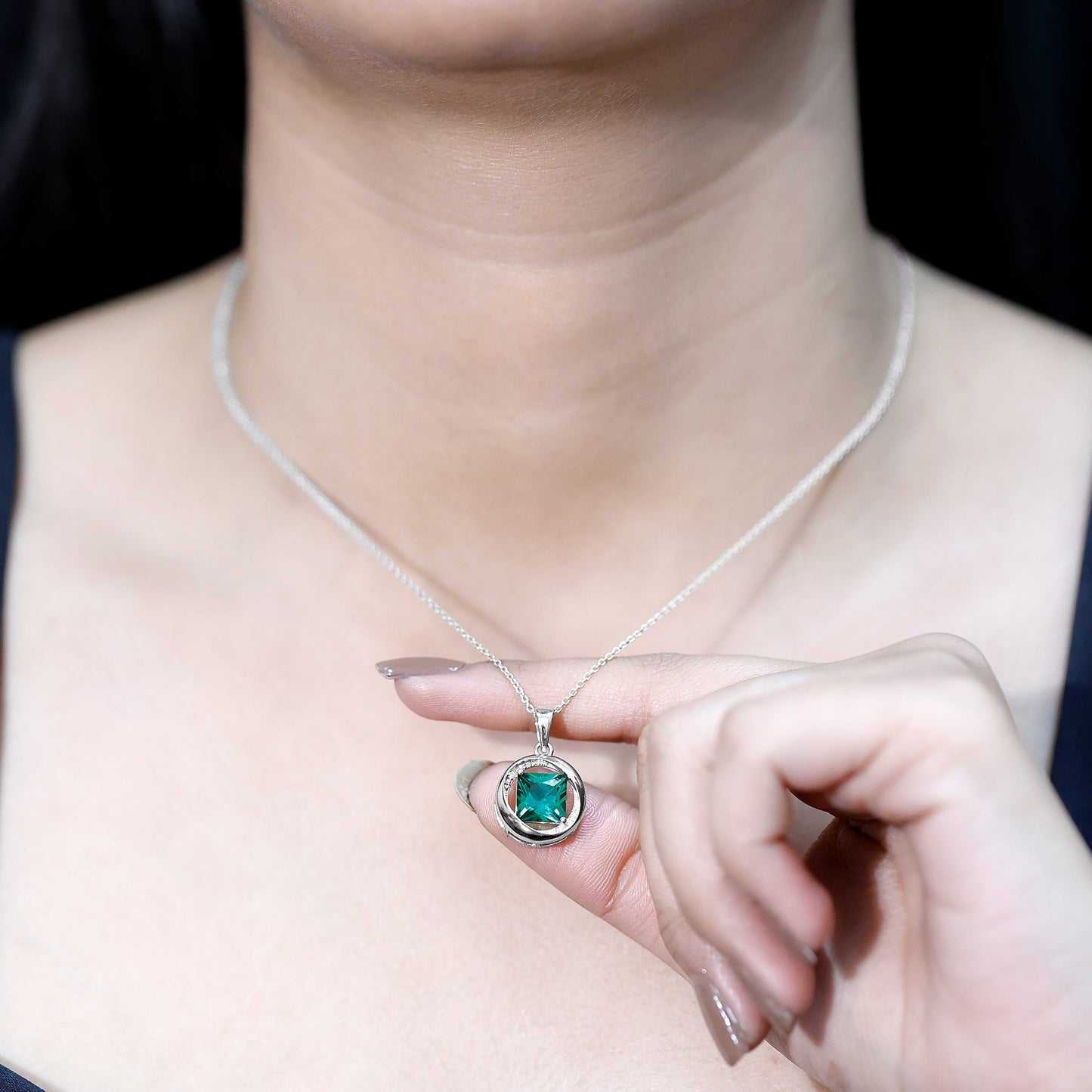 2.4 Carat Lab Created Emerald Princess Cut Pendant with Diamond