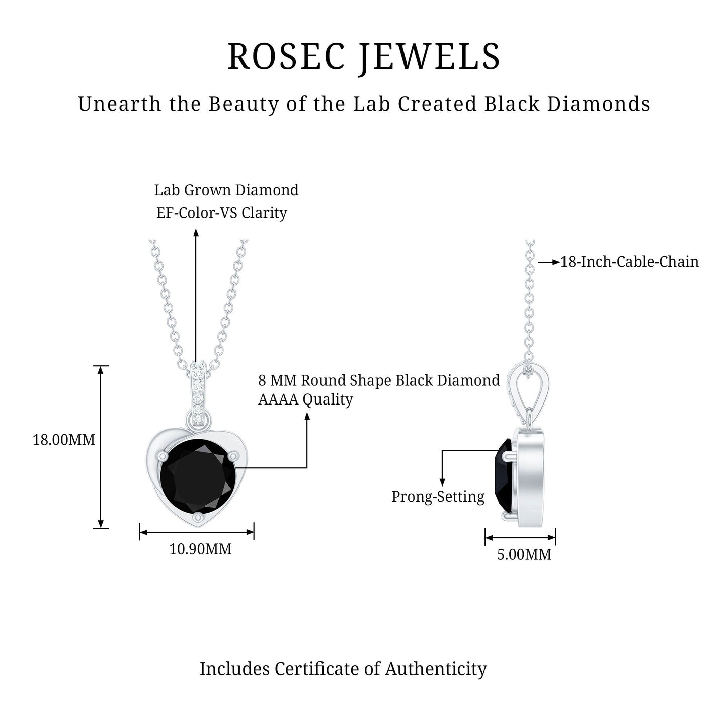 2 Carat Round Lab Created Black and White Diamond Solitaire Heart Necklace