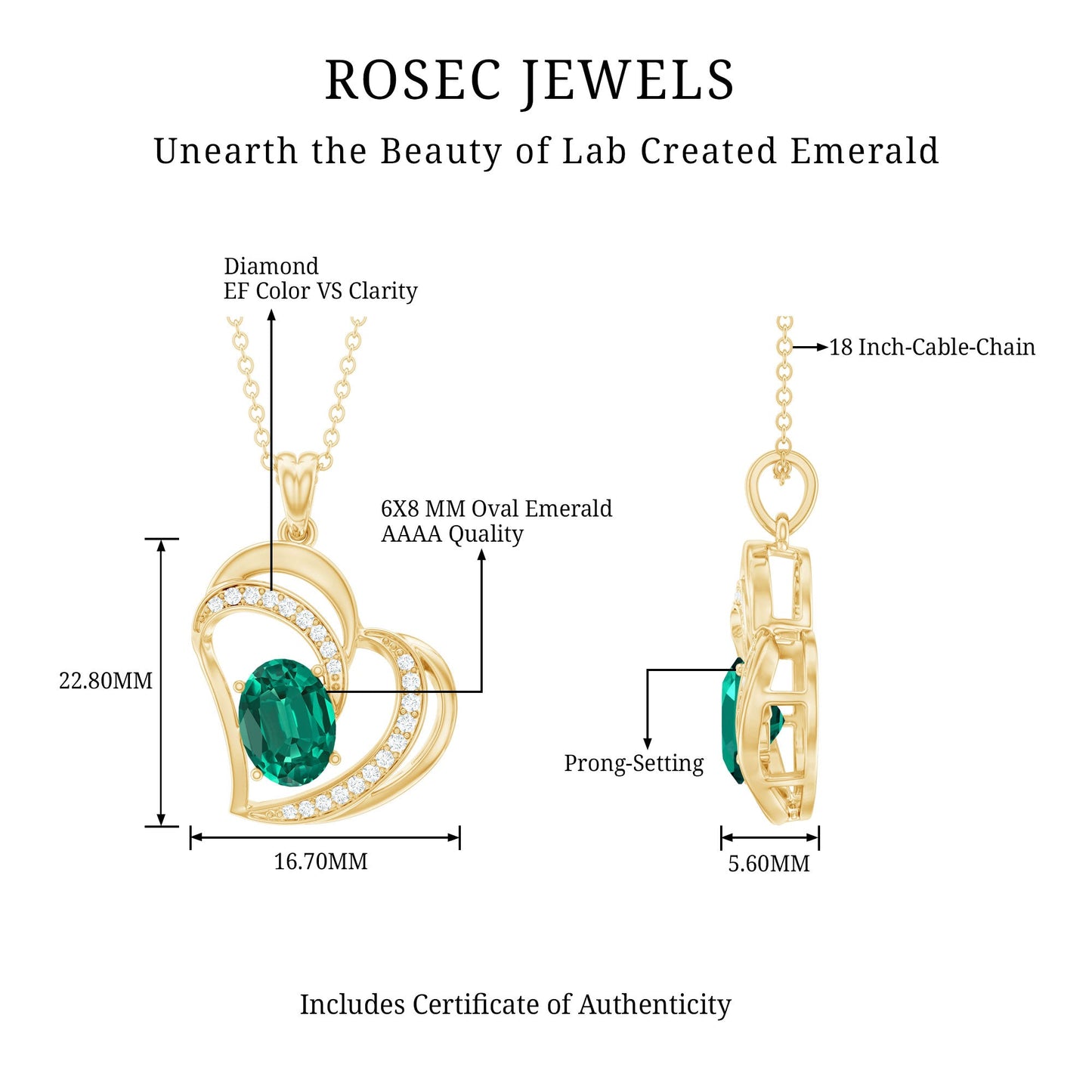 Lab Grown Emerald Heart Pendant Necklace with Diamonds