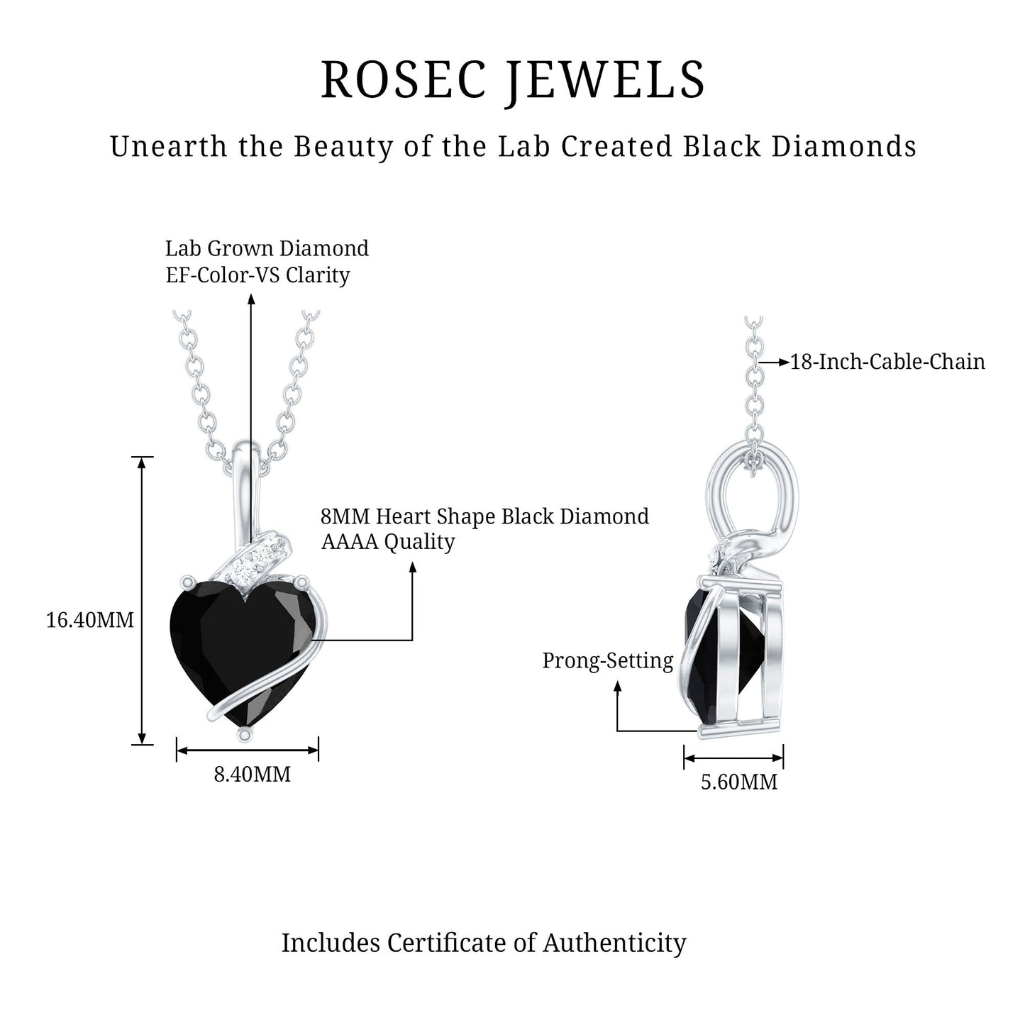 2.4 Carat Heart Lab Grown Black and White Diamond Solitaire Necklace