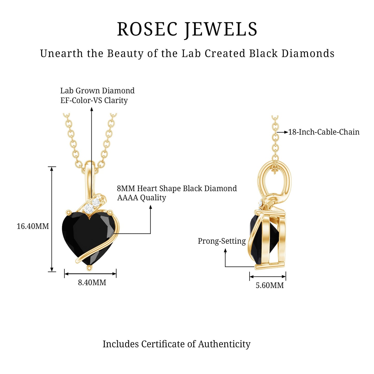 2.4 Carat Heart Lab Grown Black and White Diamond Solitaire Necklace