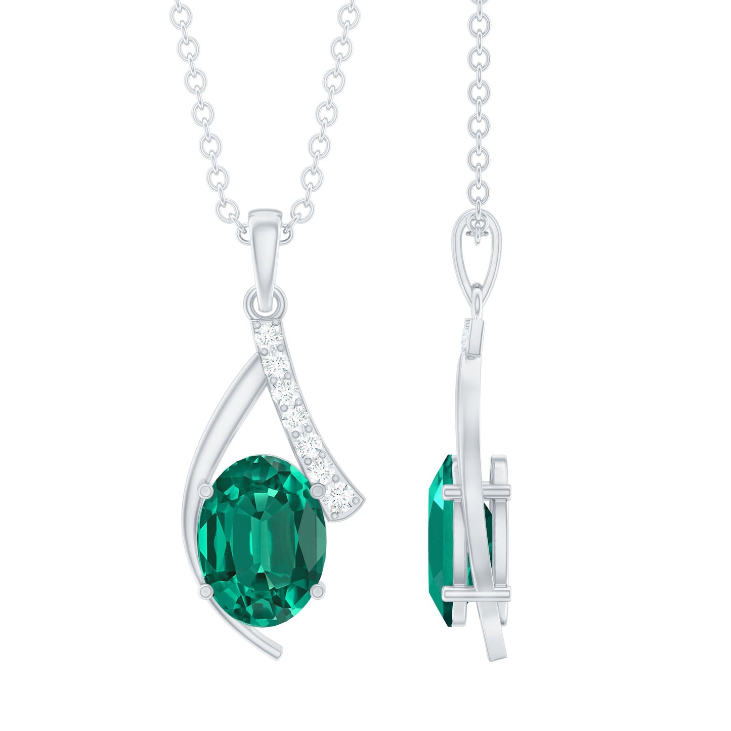 Certified Lab Grown Emerald Pendant Necklace with Diamond Accent