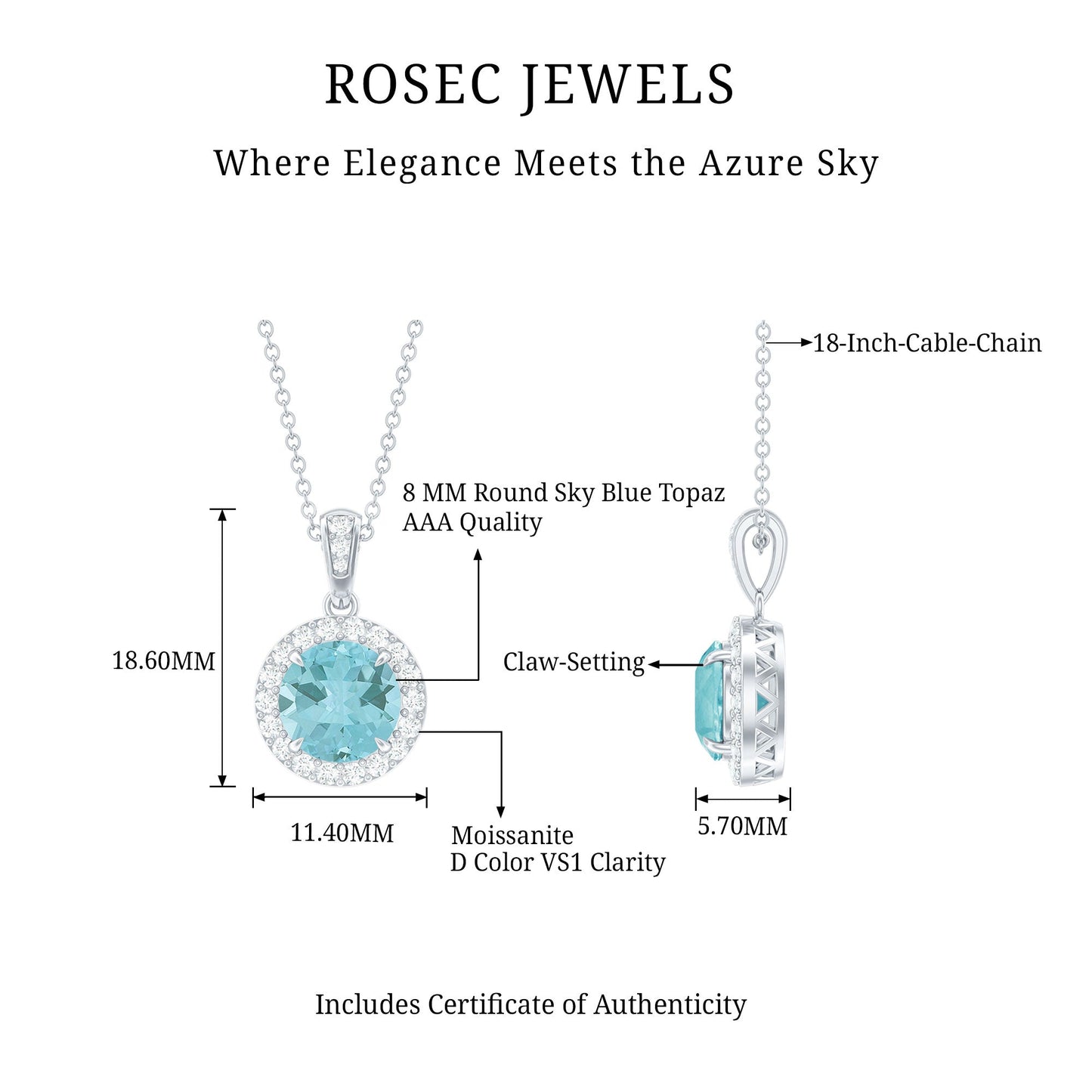 Round Cut 2 Carat Sky Blue Topaz Pendant Necklace With Silver Chain