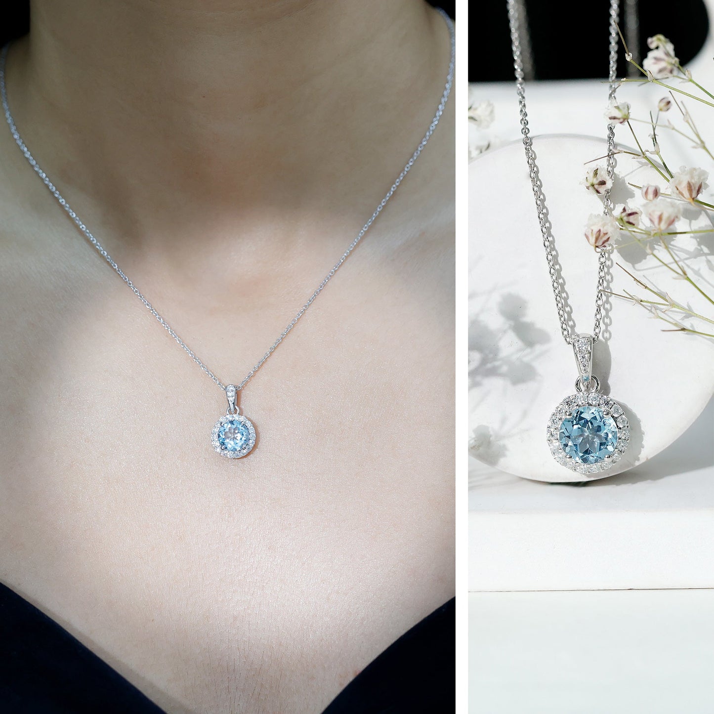 Round Cut 2 Carat Sky Blue Topaz Pendant Necklace With Silver Chain