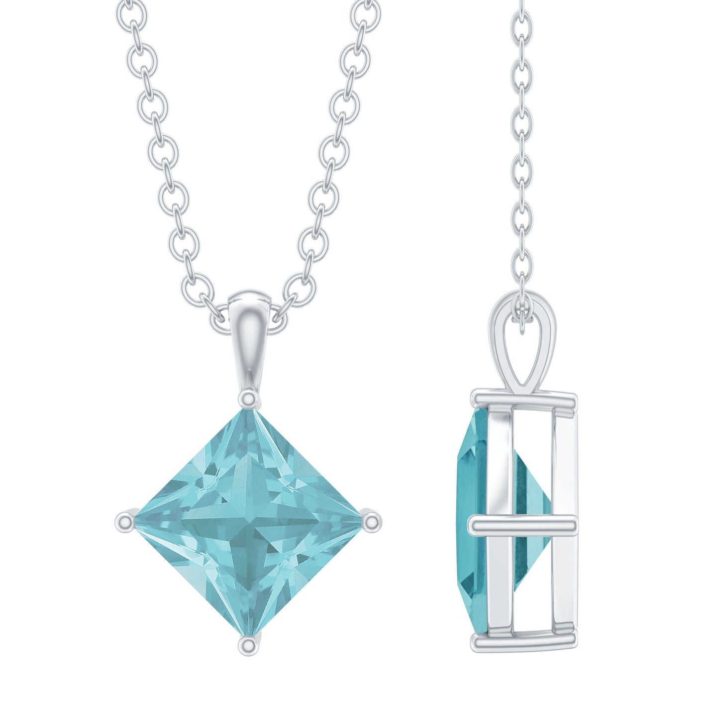 3 Carat Princess Cut Sky Blue Topaz Solitaire Necklace with Silver Chain