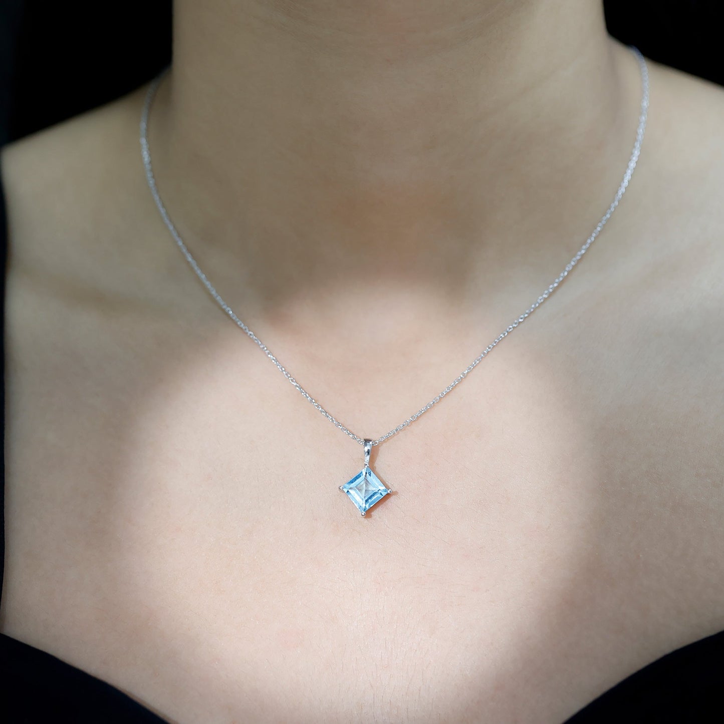 3 Carat Princess Cut Sky Blue Topaz Solitaire Necklace with Silver Chain