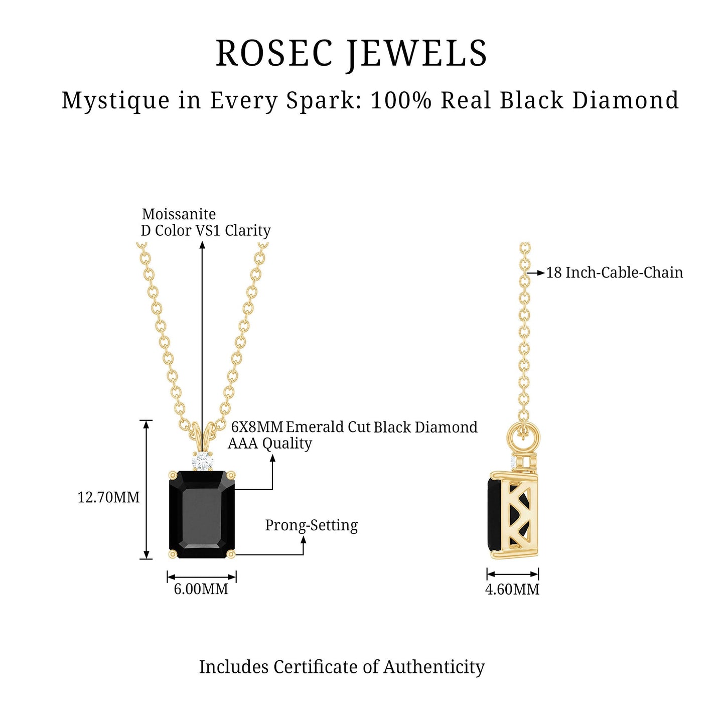 Genuine 1.68 Carat Black Diamond Solitaire Necklace for Women