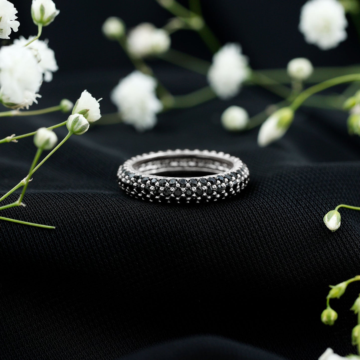 Certified Lab Grown Black Diamond 3 Row Eternity Band Ring