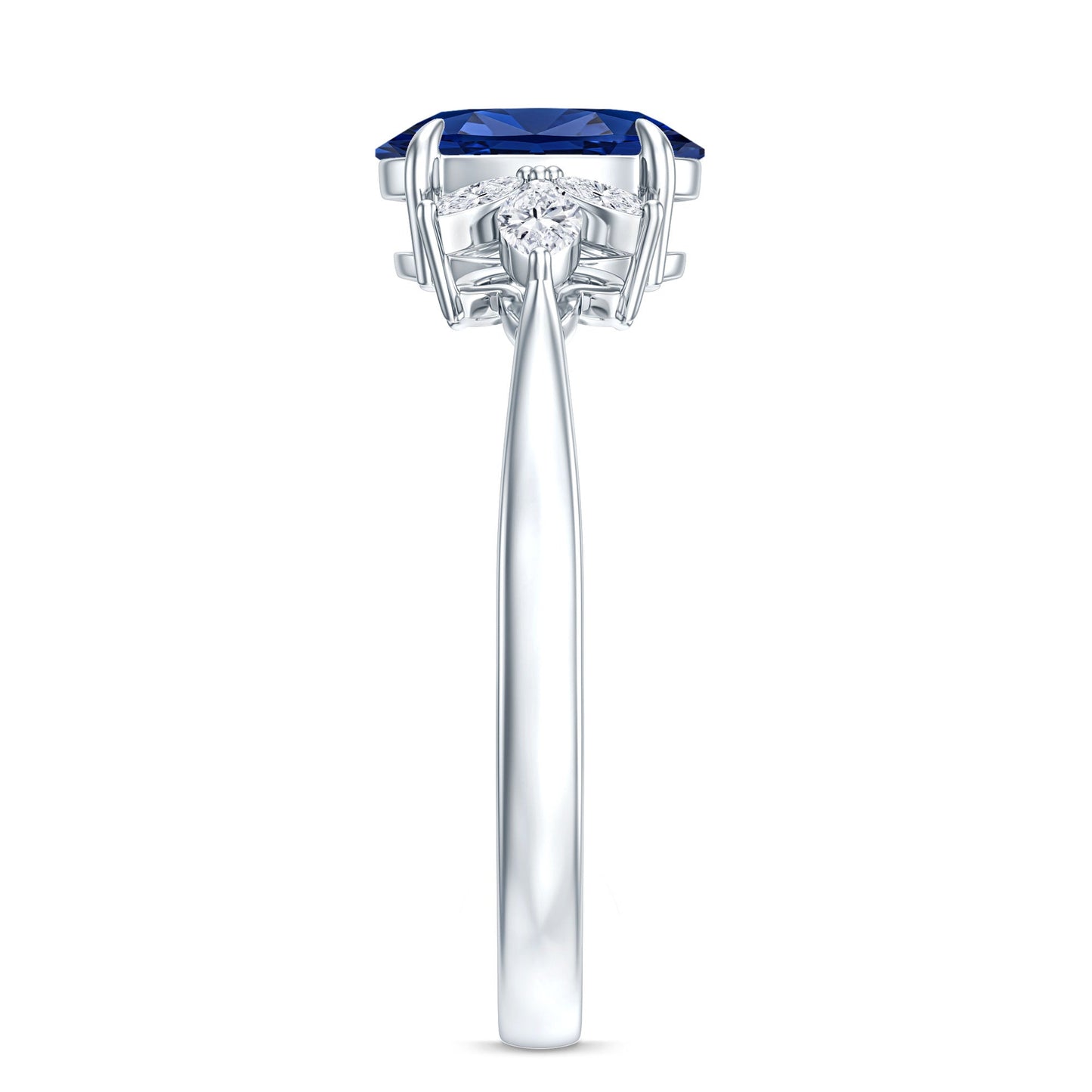 Certified 1.5 Carat Oval Lab Grown Blue Sapphire Engagement Ring with Diamond Trio
