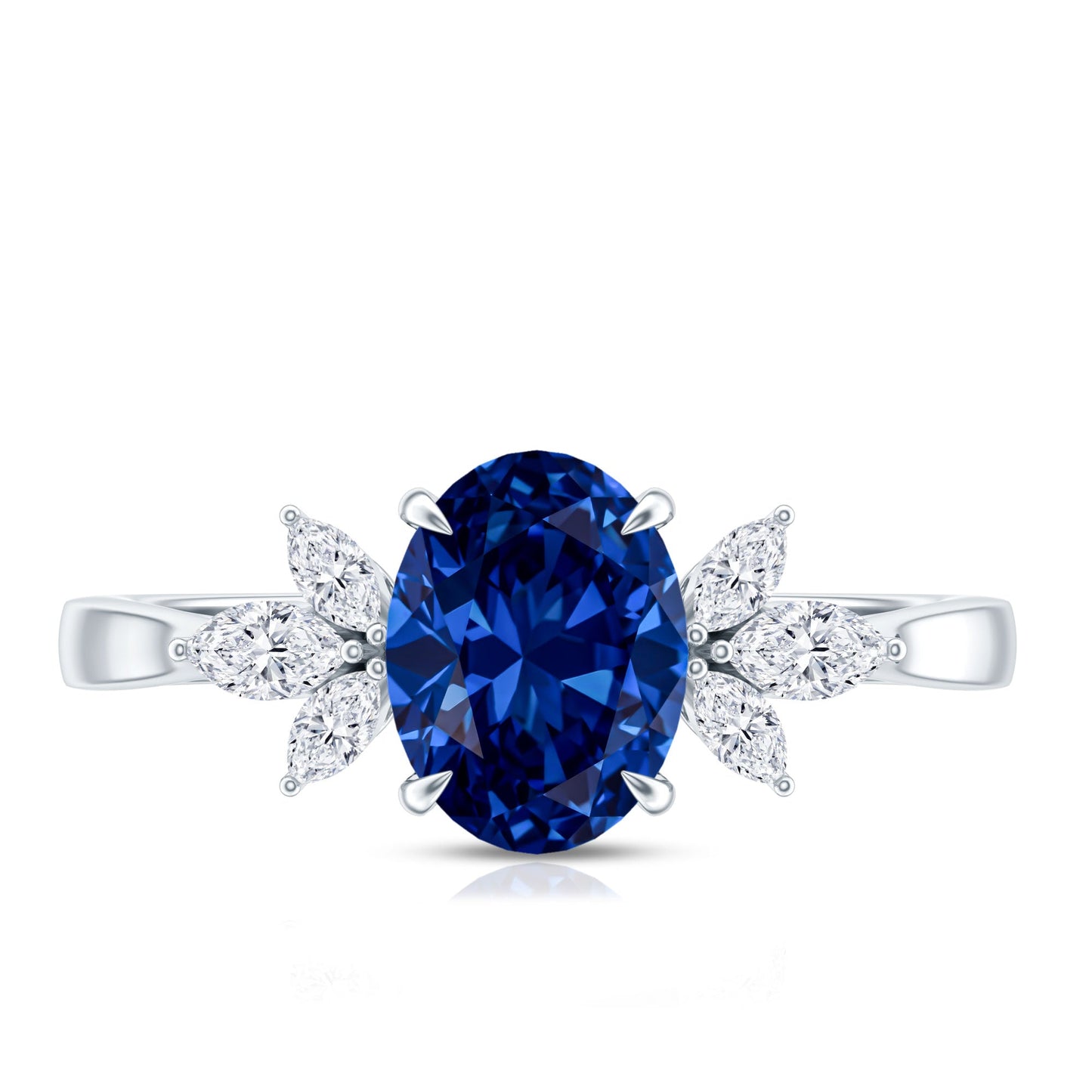 Certified 1.5 Carat Oval Lab Grown Blue Sapphire Engagement Ring with Diamond Trio