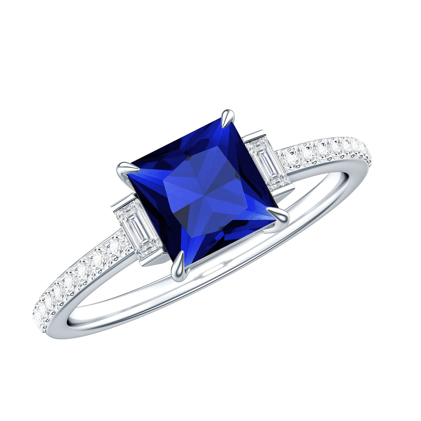 Princess Cut Created Blue Sapphire Solitaire Engagement Ring With Moissanite