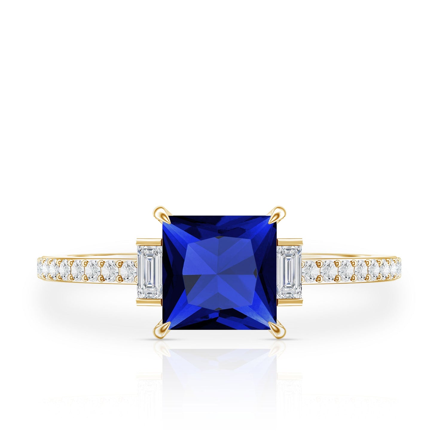 Princess Cut Created Blue Sapphire Solitaire Engagement Ring With Moissanite