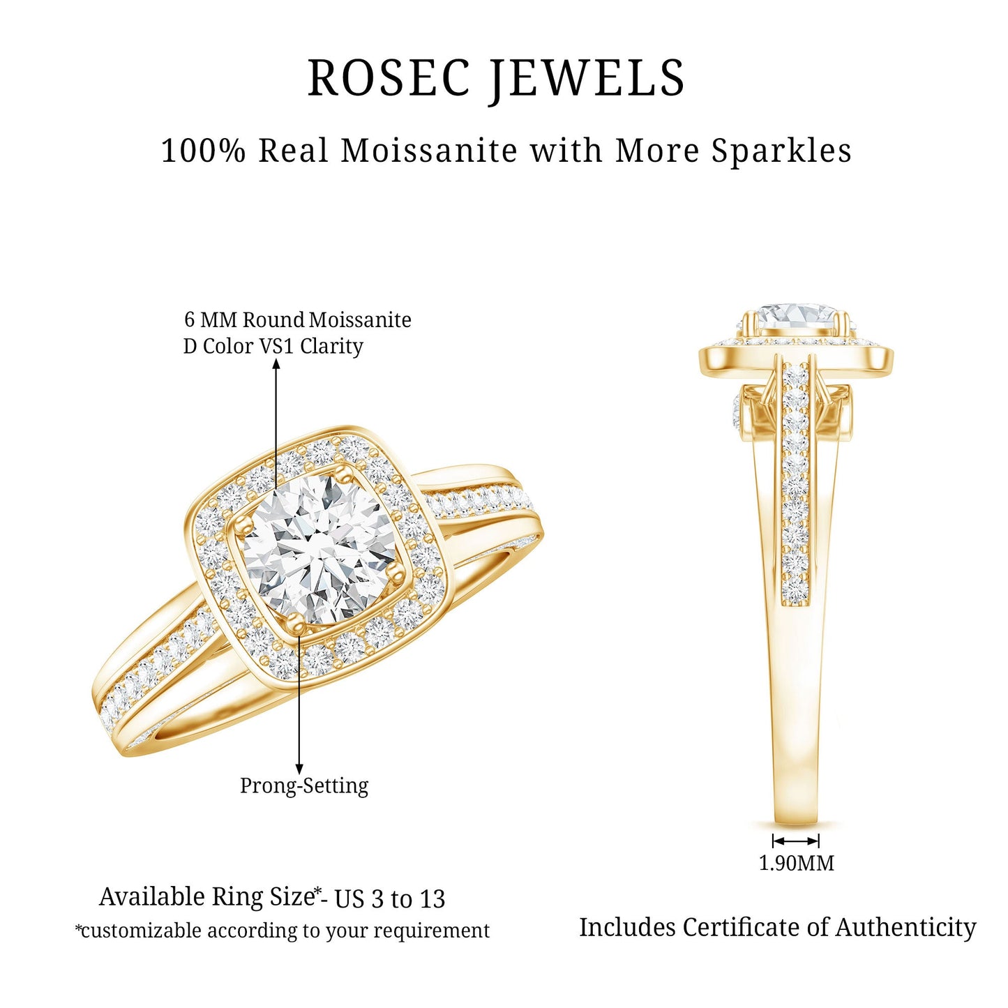 Classic Moissanite Halo Engagement Ring with Certificate