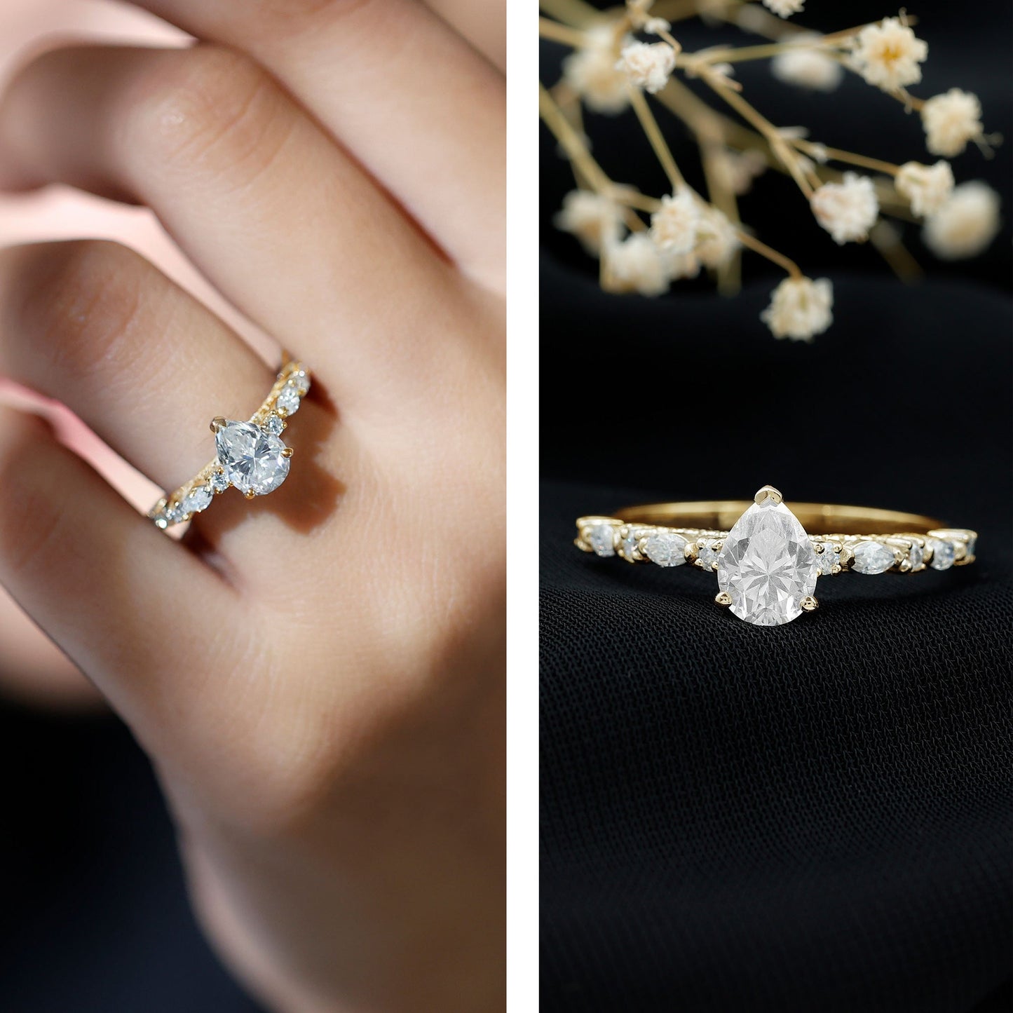 Solitaire Moissanite Teardrop Engagement Ring with Surprise Band
