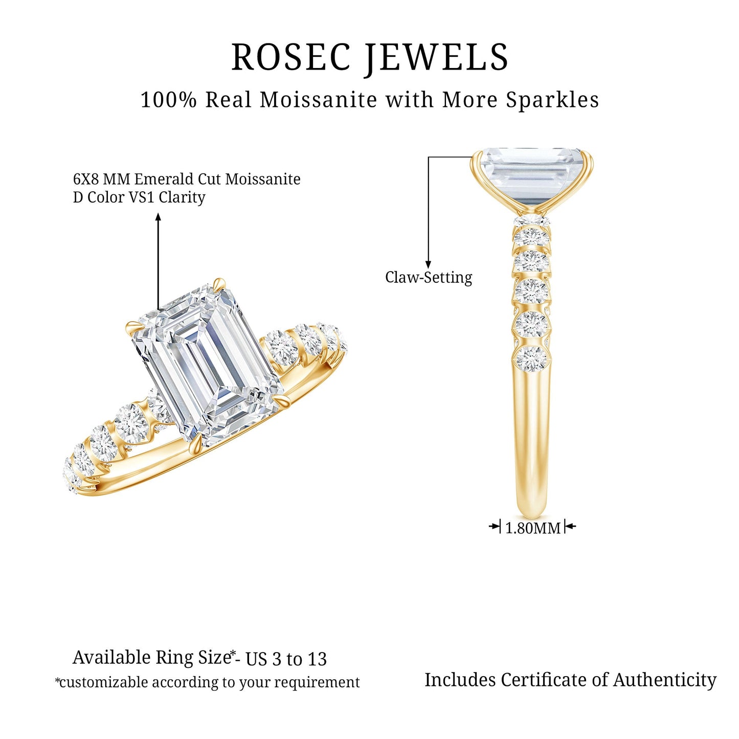 Octagon Moissanite Solitaire Engagement Ring with Side Stones