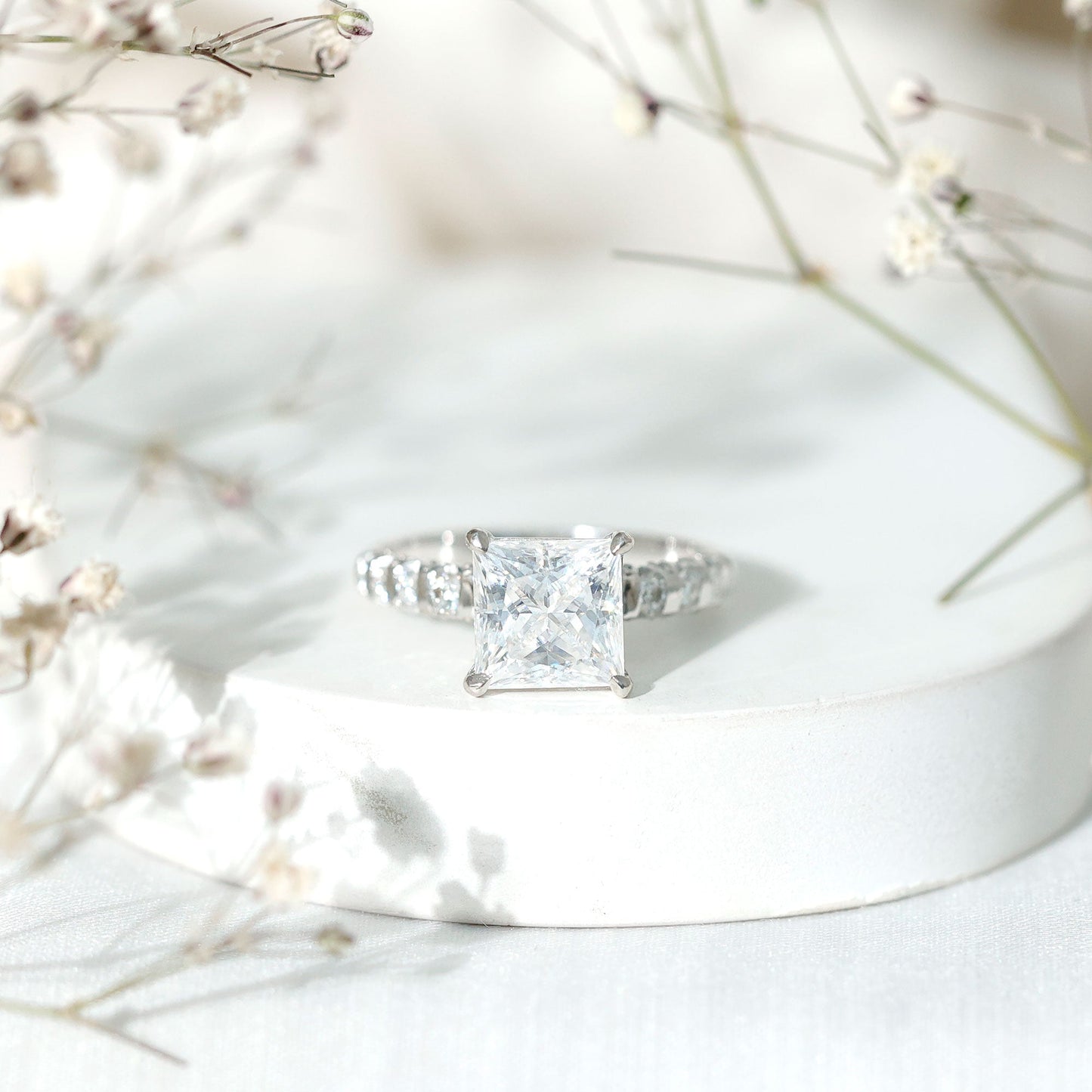 Princess Cut 3 Carat Moissanite Solitaire Engagement Ring with Side Stones