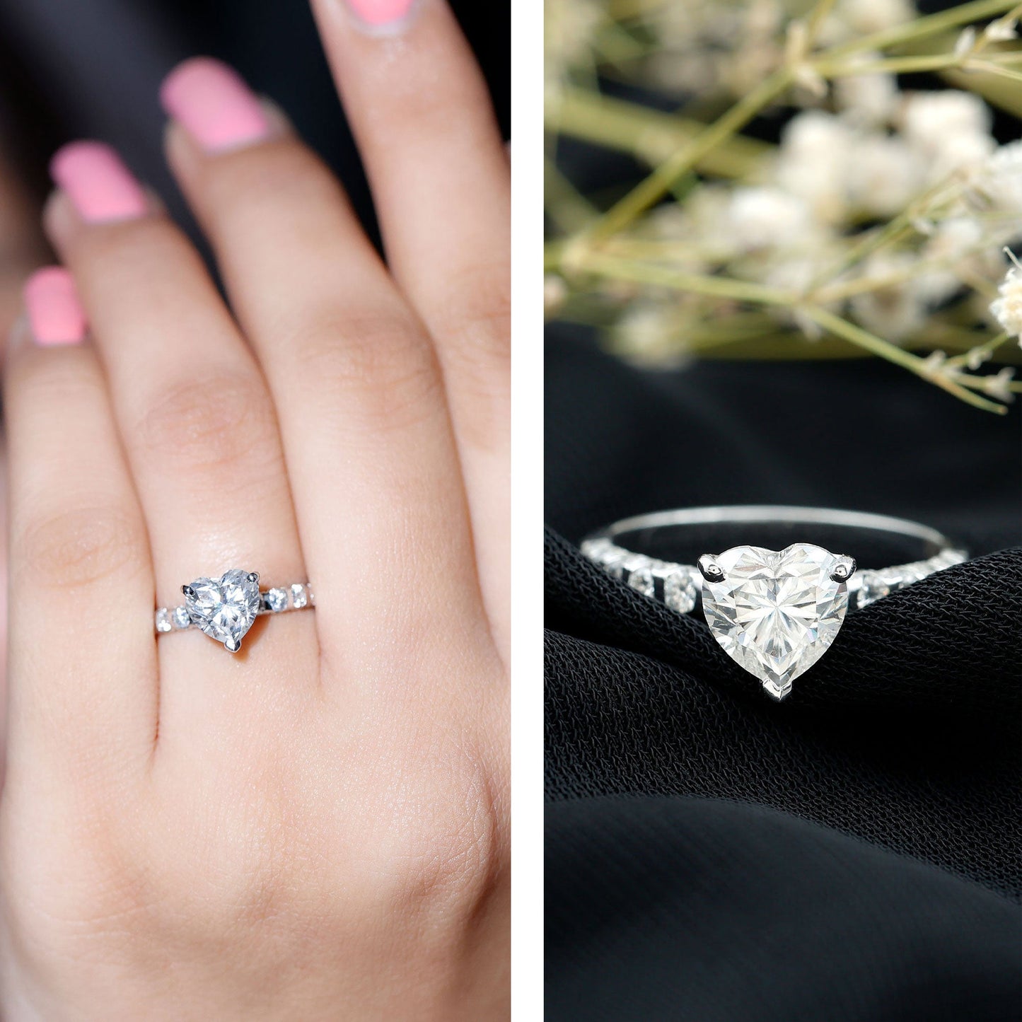 Heart Shape Moissanite Solitaire Engagement Ring With Side Stones