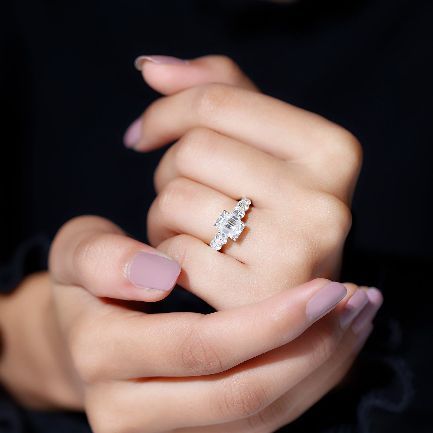 1.8 Carat Emerald Cut Moissanite Side Stone Engagement Ring with Certificate