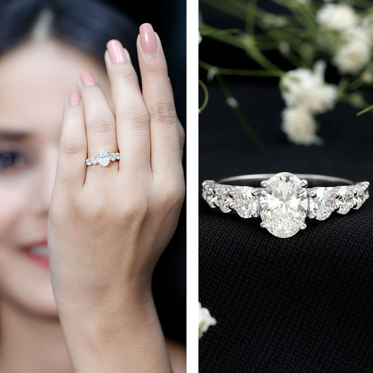 1.2 Carat Oval Cut Moissanite Side Stone Engagement Ring