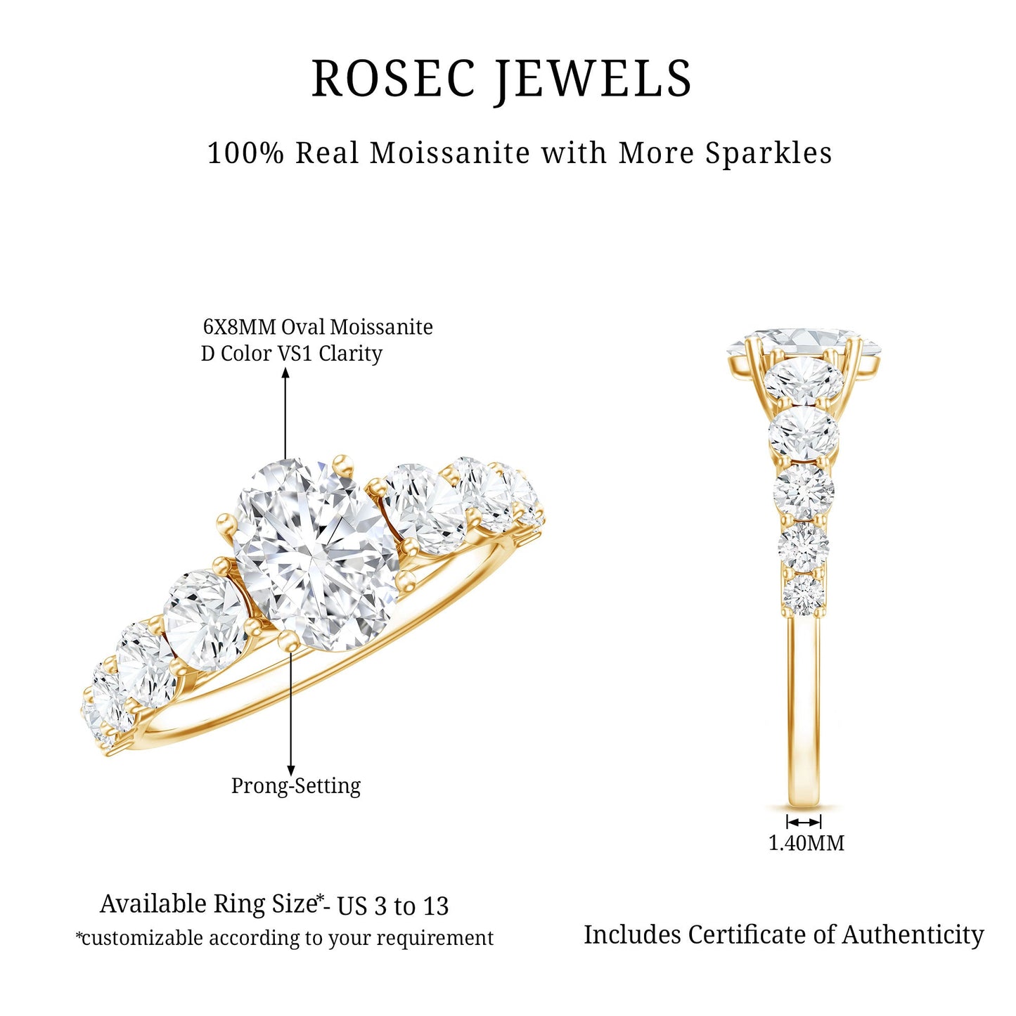 1.2 Carat Oval Cut Moissanite Side Stone Engagement Ring