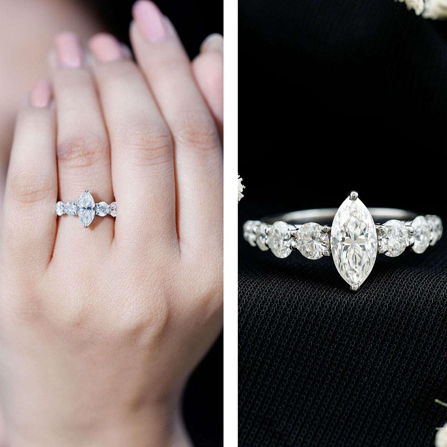Marquise Moissanite Engagement Ring With Side Stones