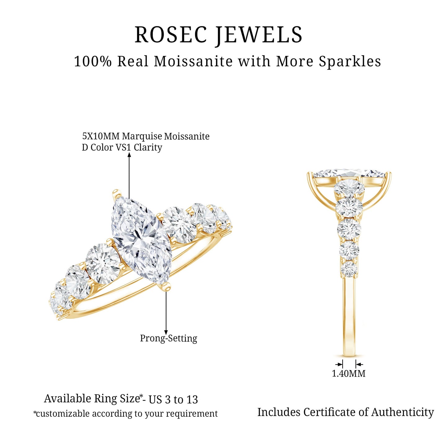 Marquise Moissanite Engagement Ring With Side Stones