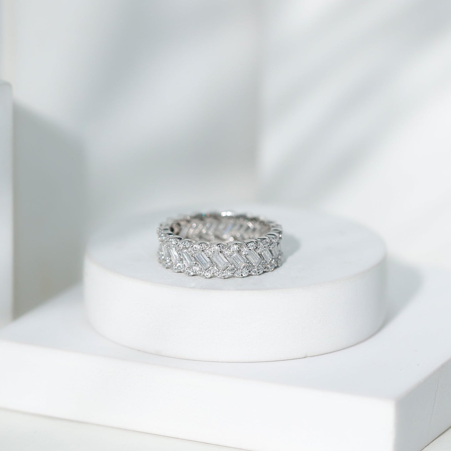 Baguette and Round Moissanite Braided Wedding Band