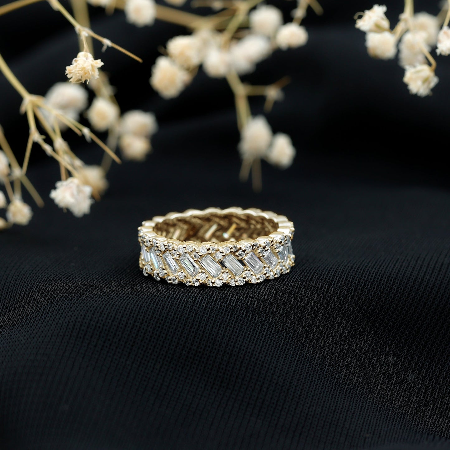 Baguette and Round Moissanite Braided Wedding Band