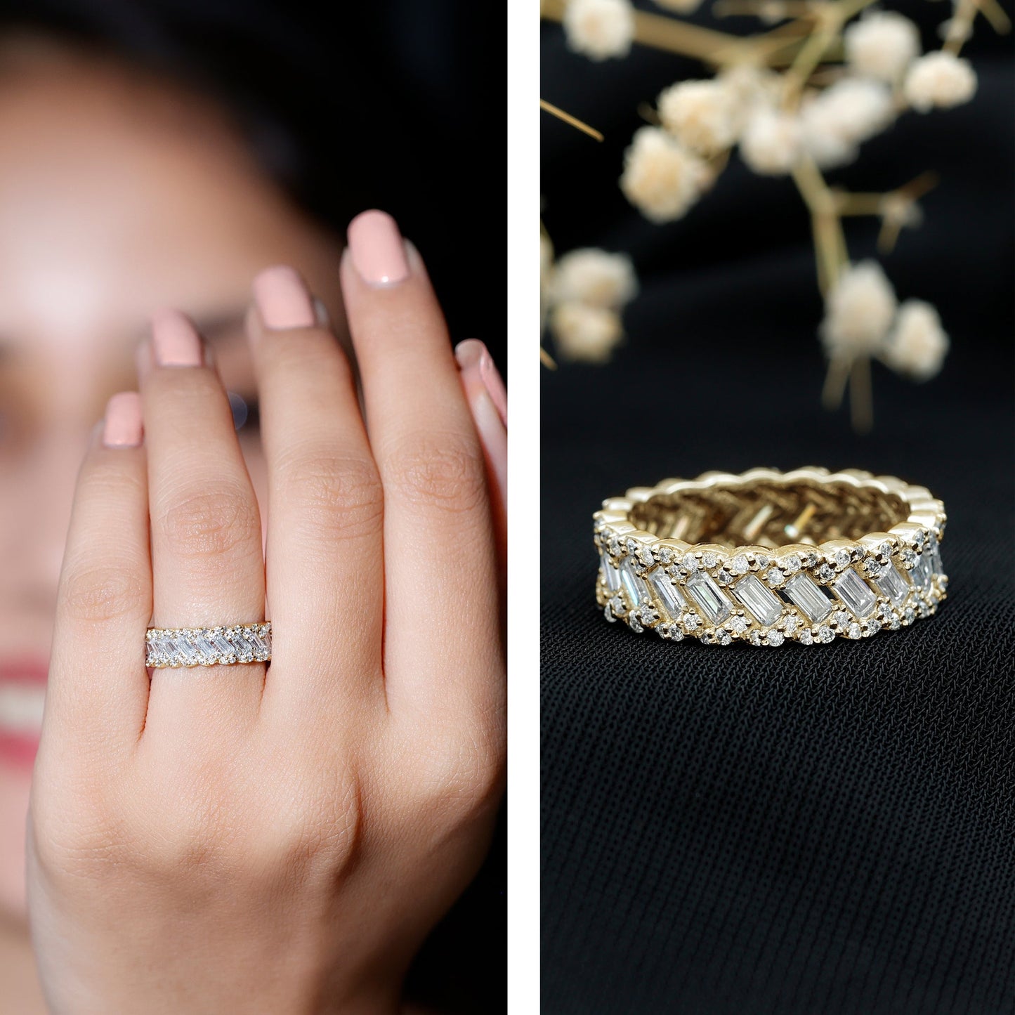 Baguette and Round Moissanite Braided Wedding Band