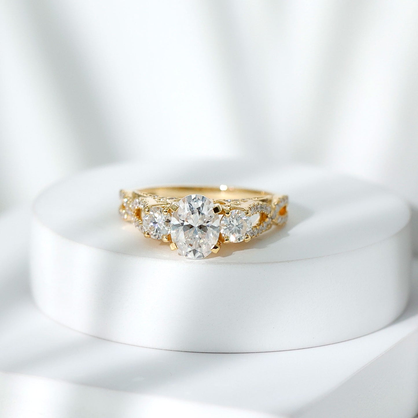 Certified Moissanite Three Stone Engagement Ring with Crossover Shank