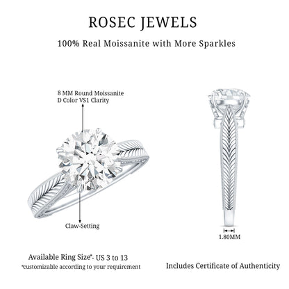 Claw Set Round Moissanite Engraved Engagement Ring