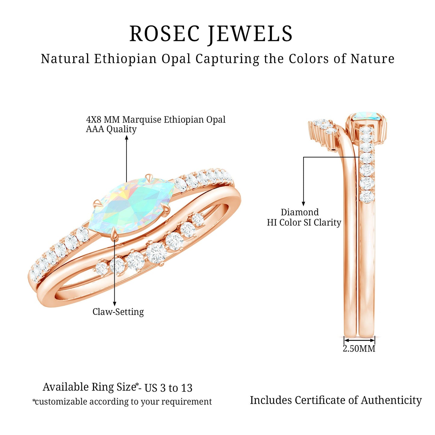 Natural Ethiopian Rainbow Opal Diamond East West Engagement Ring Wedding Band Set